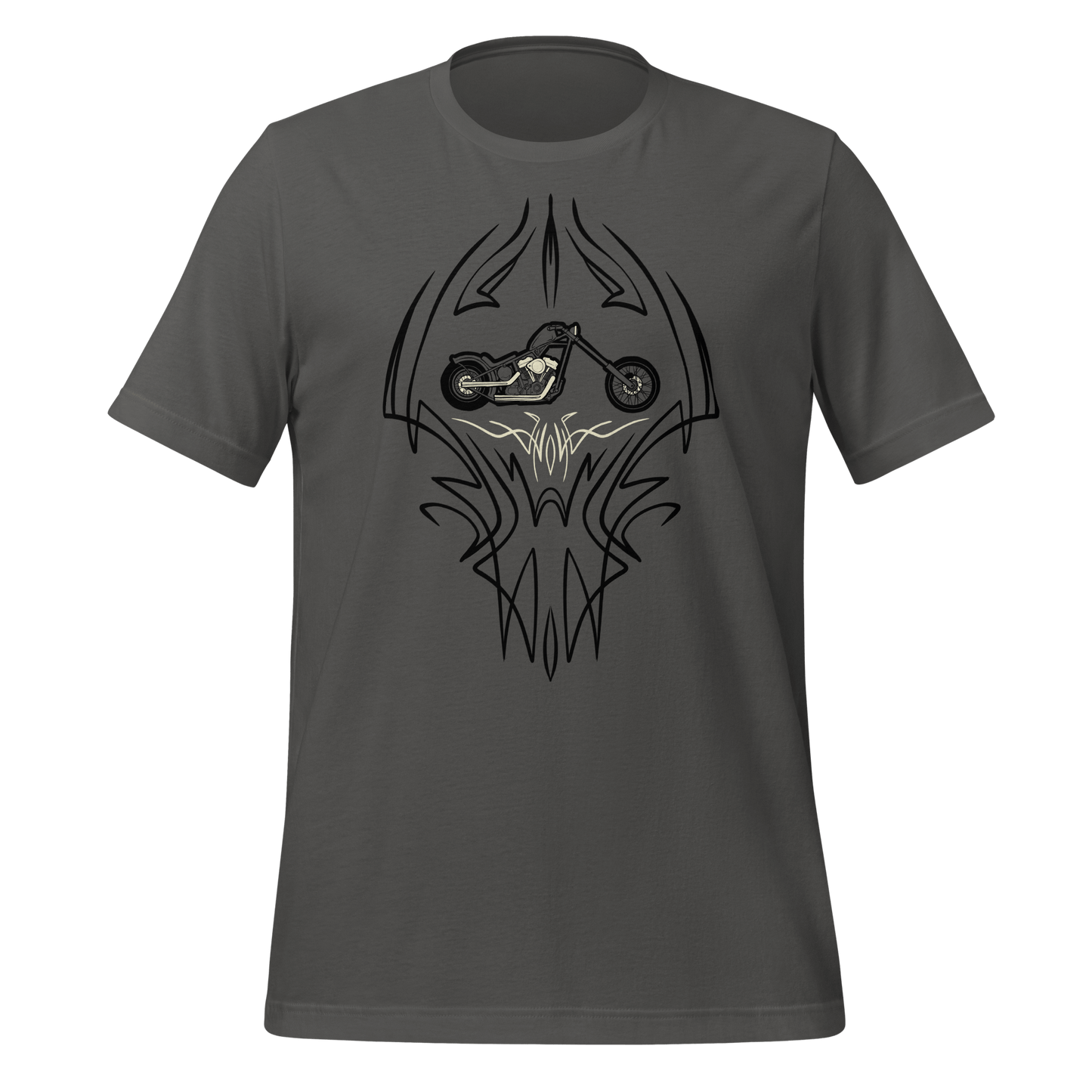 Pinstripe Black Chopper t-shirt with bold motorcycle design for hot rod enthusiasts.