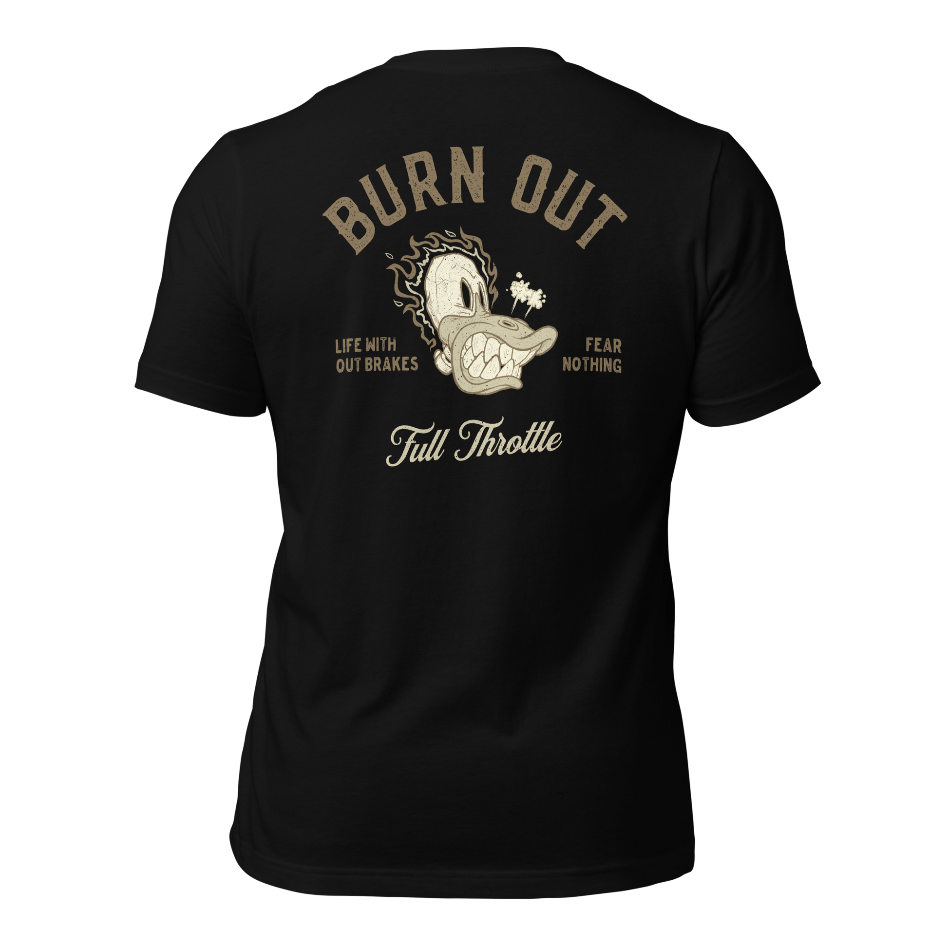 "Burn Out Motorcycle T-shirt with 'Life Without Brakes' slogan and graphic design on back"