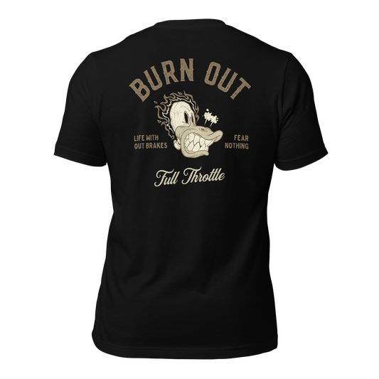 "Burn Out Motorcycle T-shirt with 'Life Without Brakes' slogan and graphic design on back"