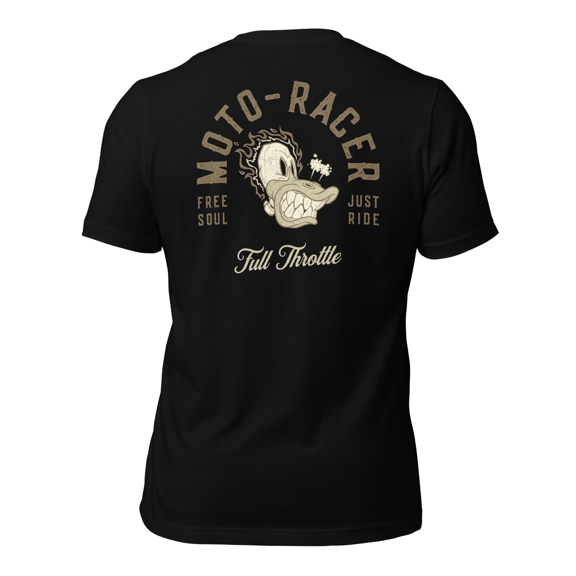 Moto Racer t-shirt with "Free Soul Just Ride" and cartoon graphic, black short-sleeve, embodies motorcycle passion and freedom.