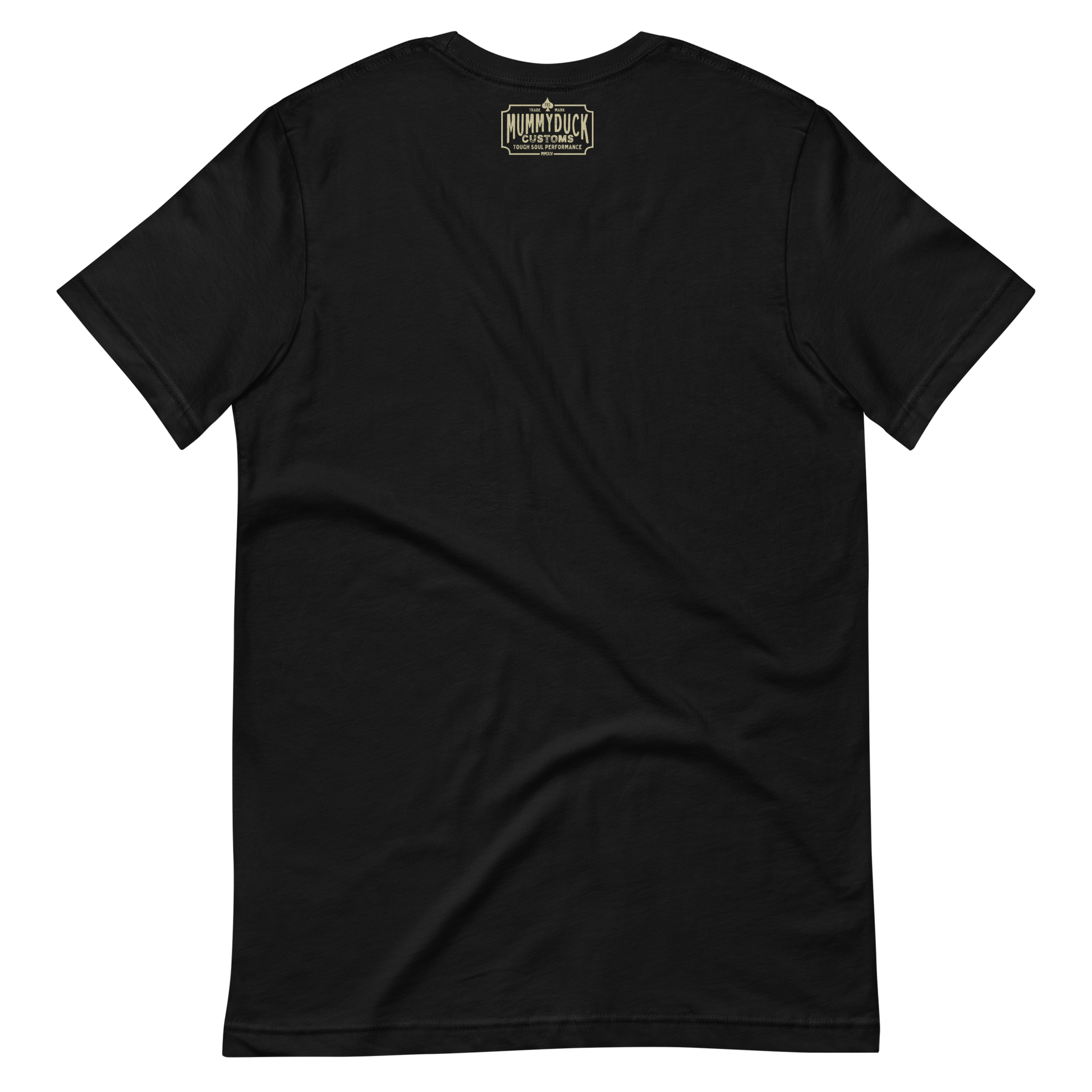 Black motorcycle t-shirt with distressed vintage style, showing back view and neck label detail.