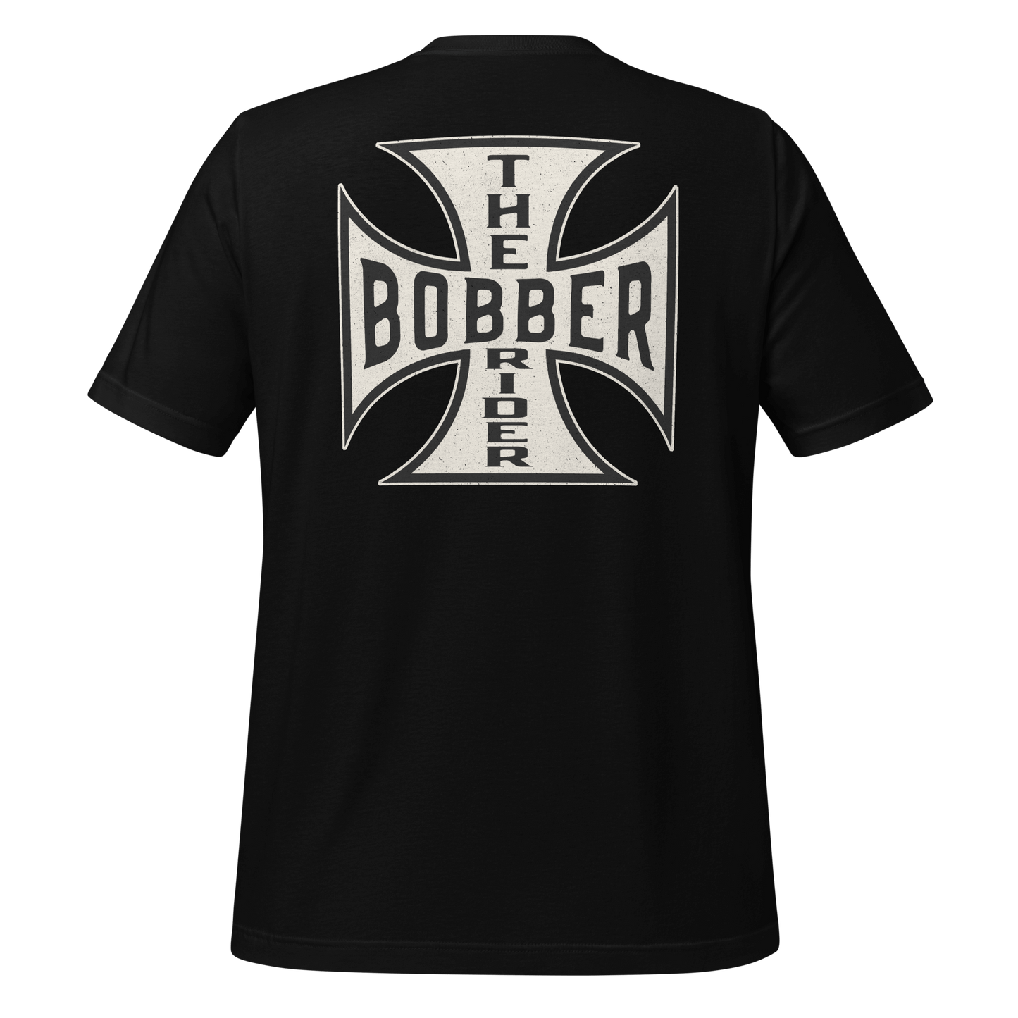 Black Bobber Rider t-shirt featuring Maltese Cross design on back for motorcycle enthusiasts.