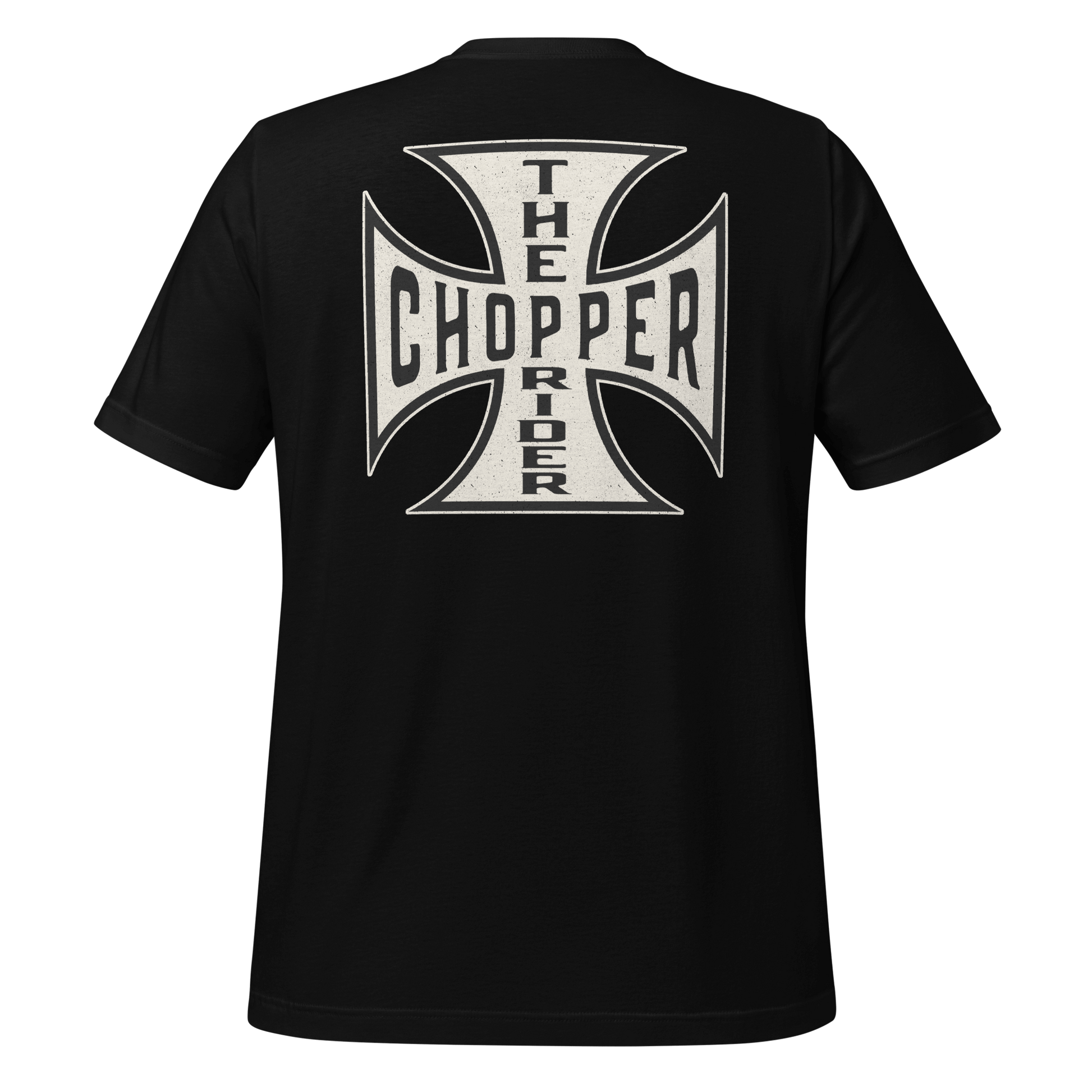 Black Chopper Motorcycle T-shirt featuring Maltese Cross design on the back, perfect for bike enthusiasts.