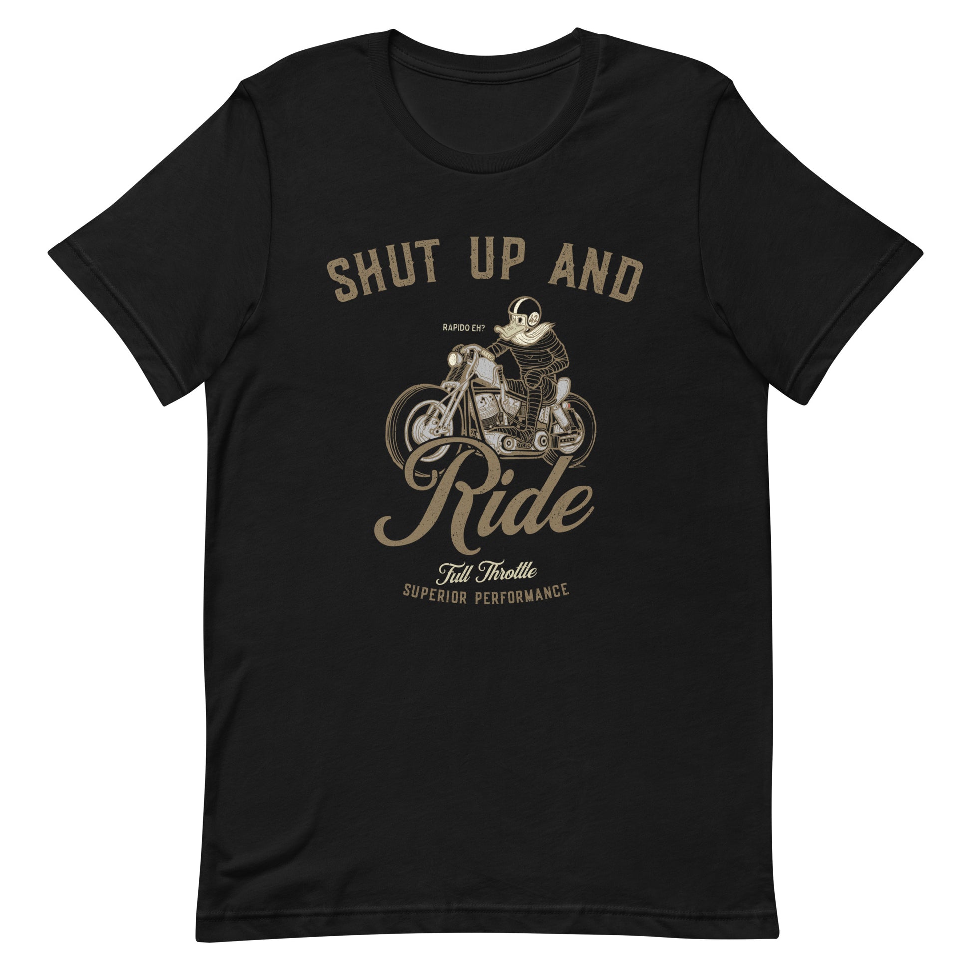 Shut Up And Ride motorcycle T-shirt featuring biker design, perfect for motorcycle enthusiasts and unique gifts.