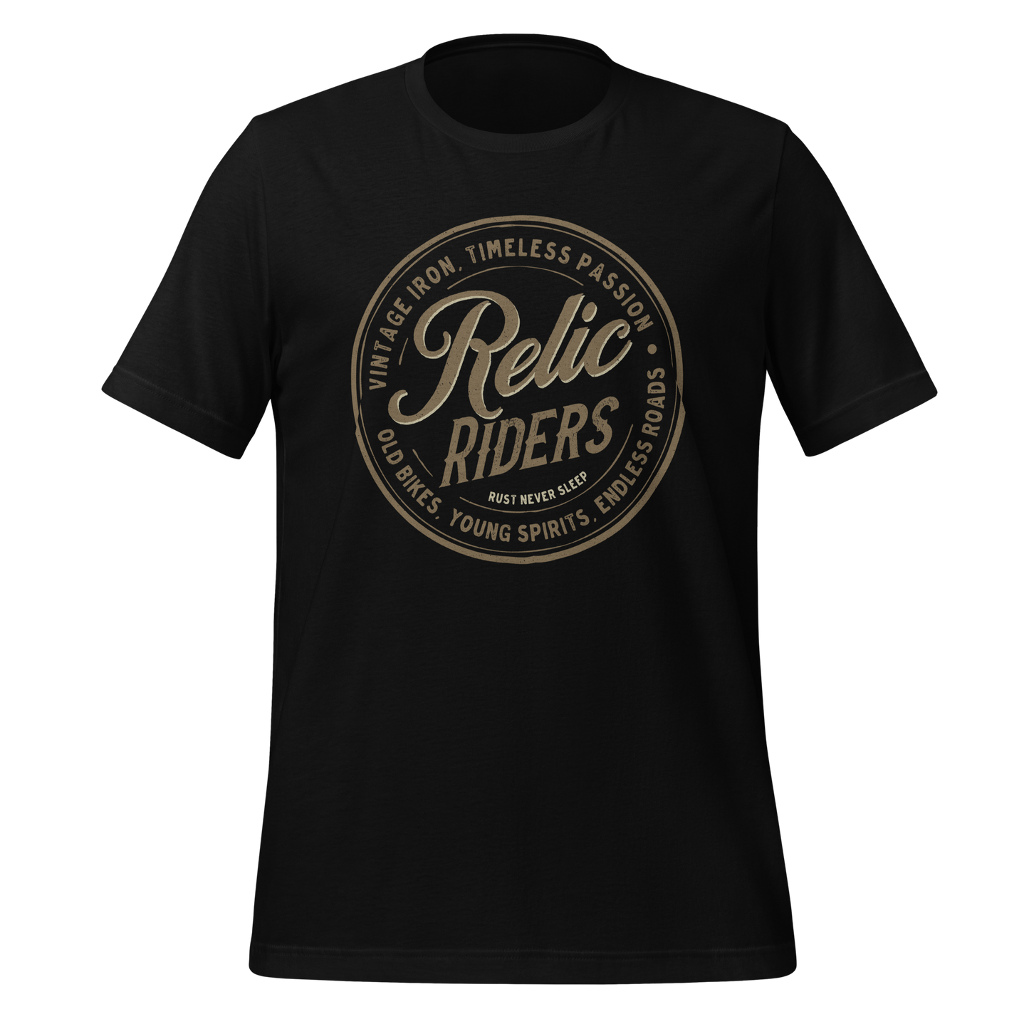 Relic Riders Motorcycle T-shirt showcasing vintage-inspired design, perfect for bikers embracing timeless ride passion and style.