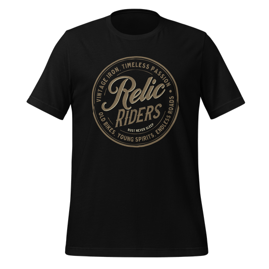 Relic Riders Motorcycle T-shirt showcasing vintage-inspired design, perfect for bikers embracing timeless ride passion and style.