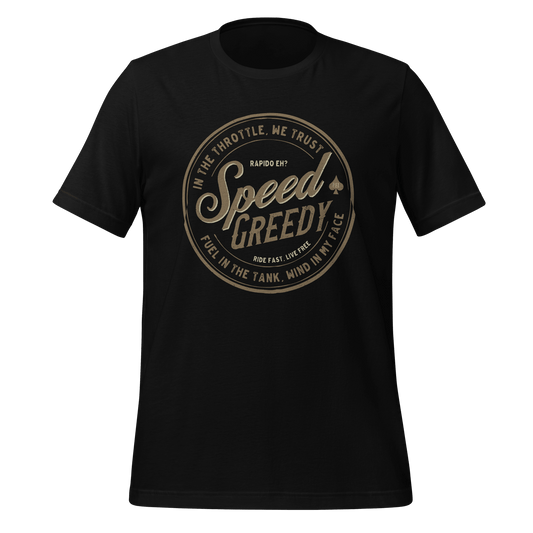 "Speed Greedy motorcycle t-shirt in black, perfect apparel for motorbike enthusiasts with stylish design and comfort fit"