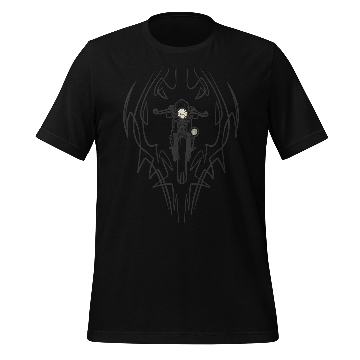 Black Cafe Racer Pinstripe Motorcycle T-shirt with hot rod design, soft lightweight fabric, perfect for moto enthusiasts.