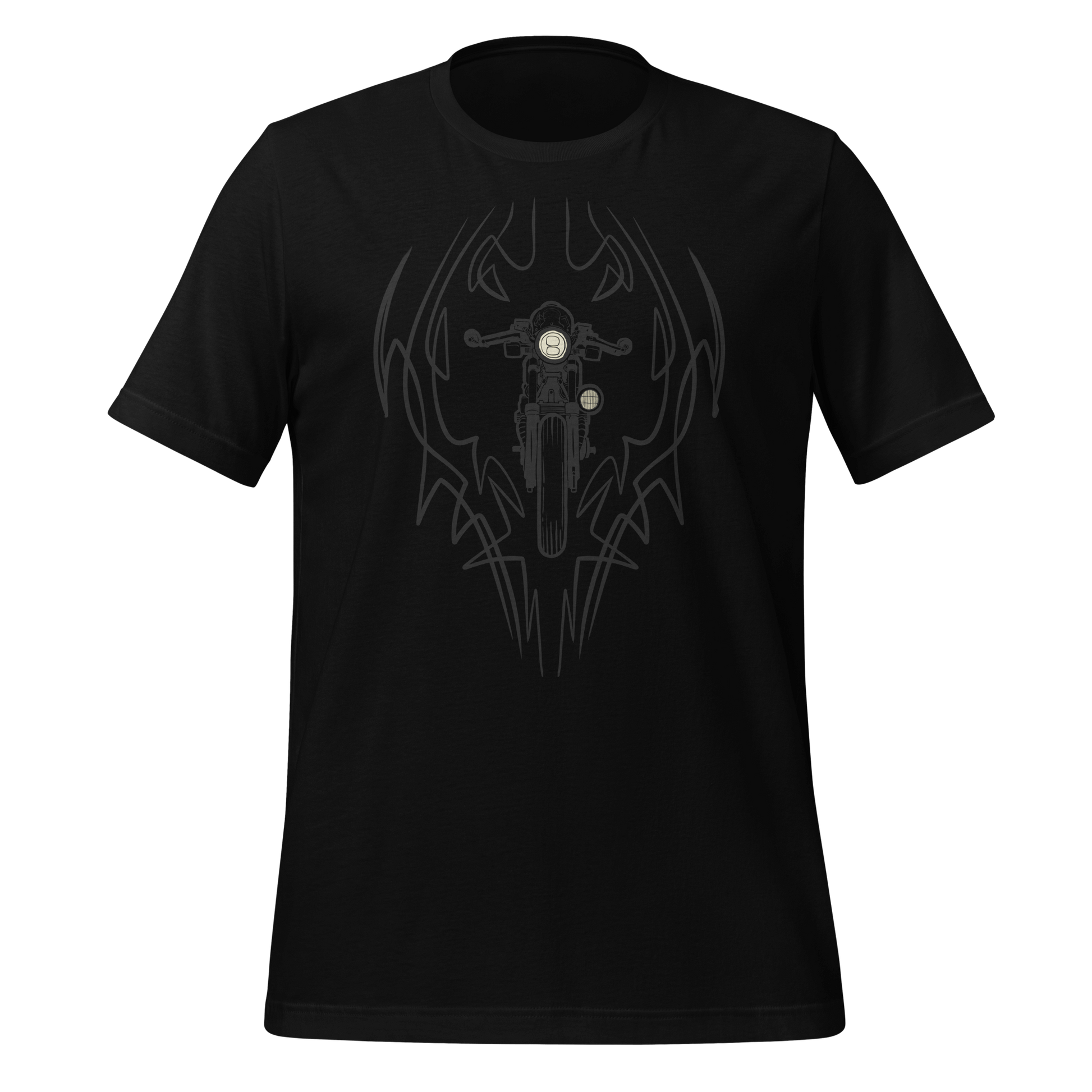 Black Cafe Racer Pinstripe Motorcycle T-shirt with hot rod design, soft lightweight fabric, perfect for moto enthusiasts.