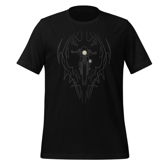 Black Cafe Racer Pinstripe Motorcycle T-shirt with hot rod design, soft lightweight fabric, perfect for moto enthusiasts.