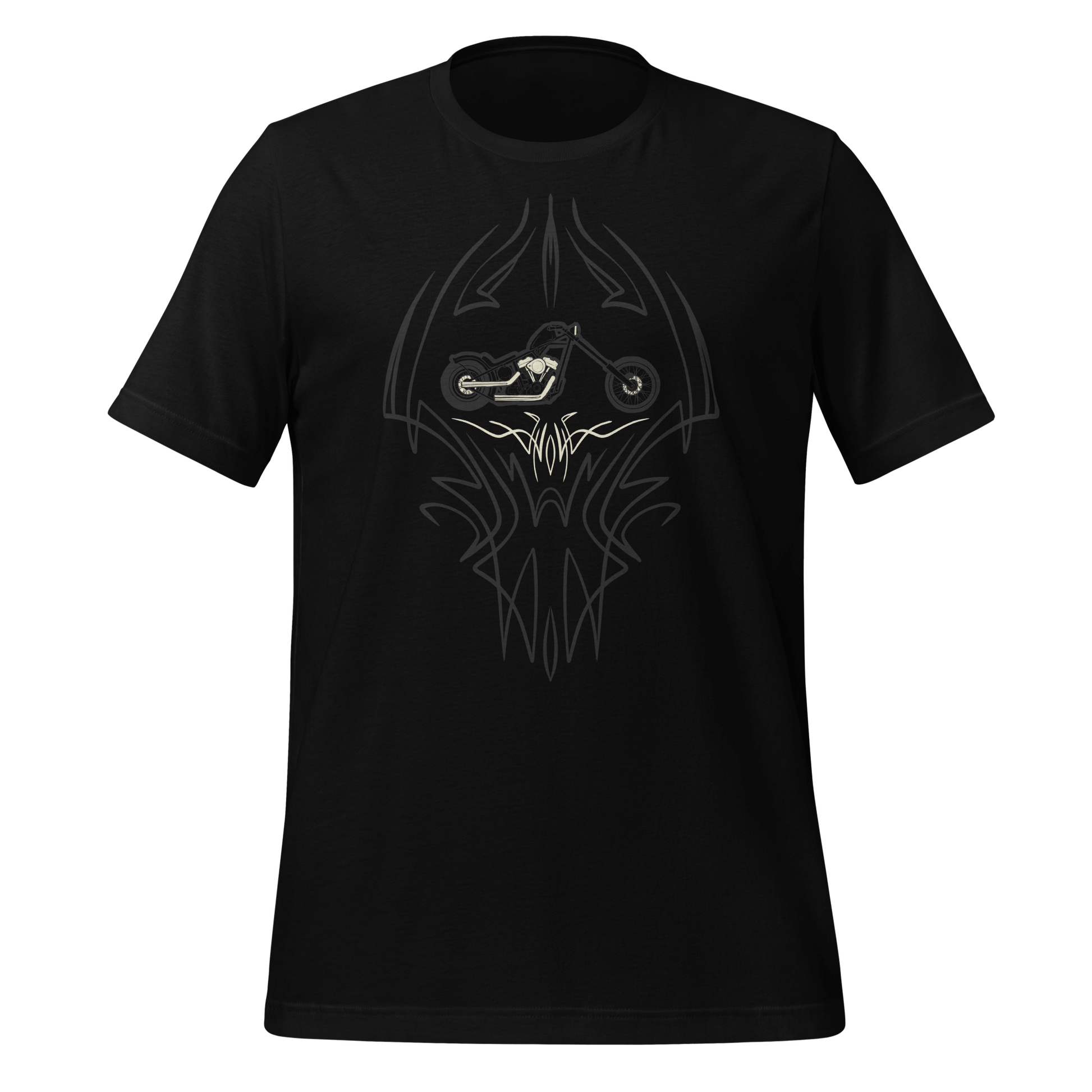 Black t-shirt with pinstripe chopper design for motorcycle enthusiasts. Perfect moto style and attitude.