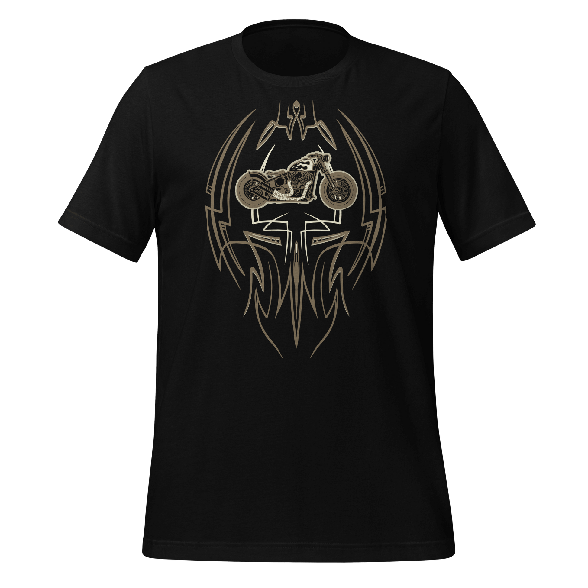 Black Pinstripe Bobber Motorcycle T-shirt with vintage motorbike and hot rod pinstripe design, perfect for bike enthusiasts.