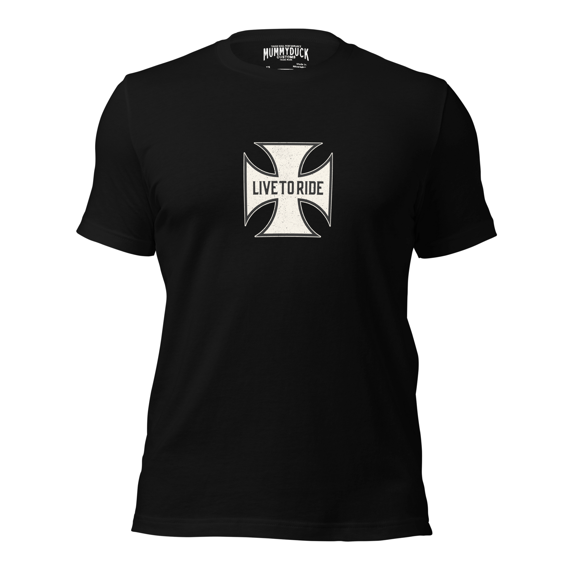 Chopper Motorcycle T-shirt featuring a Maltese Cross design with "LIVE TO RIDE" text in bold on a black background.