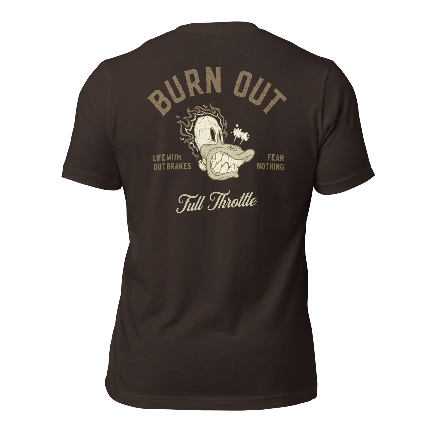 "Burn Out Motorcycle T-Shirt with Bold Design and 'Life Without Brakes' Slogan on Back"