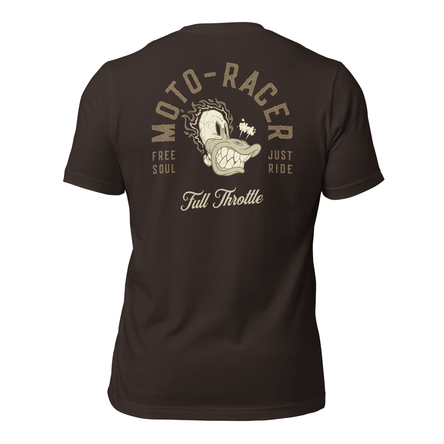 Moto Racer t-shirt with "Free Soul" and "Just Ride" design featuring classic motorcycle-inspired artwork.