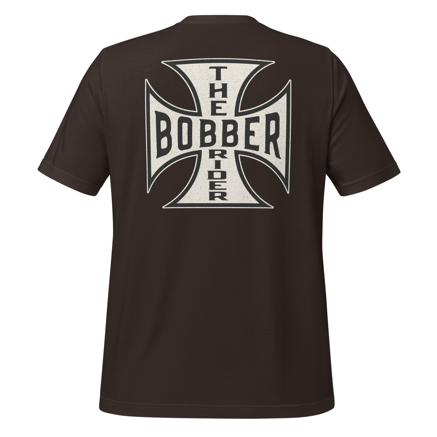 Black Bobber Rider t-shirt featuring Maltese Cross design on the back for motorcycle enthusiasts.