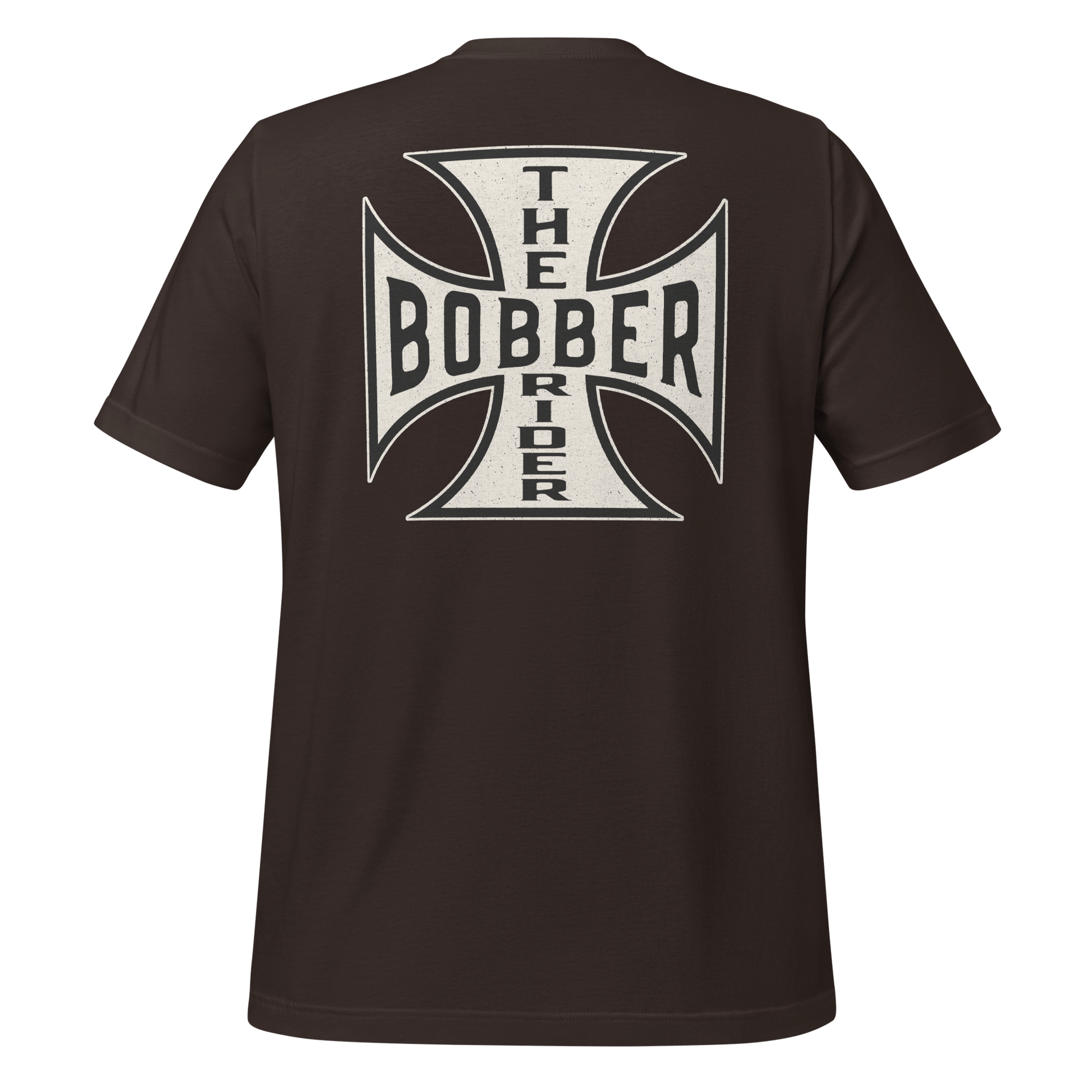 Black Bobber Rider t-shirt featuring Maltese Cross design on the back for motorcycle enthusiasts.