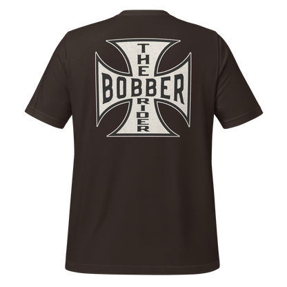Black Bobber Rider t-shirt featuring Maltese Cross design on the back for motorcycle enthusiasts.