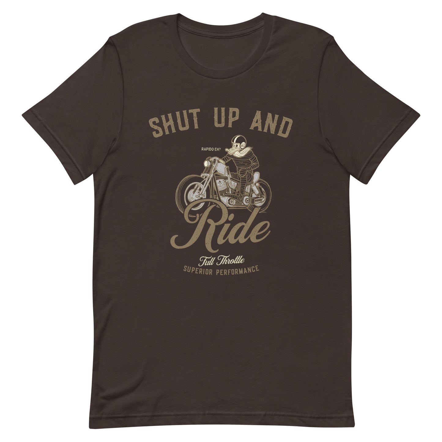 "Shut Up And Ride Motorcycle T-shirt with vintage design, perfect for bikers and riding enthusiasts"