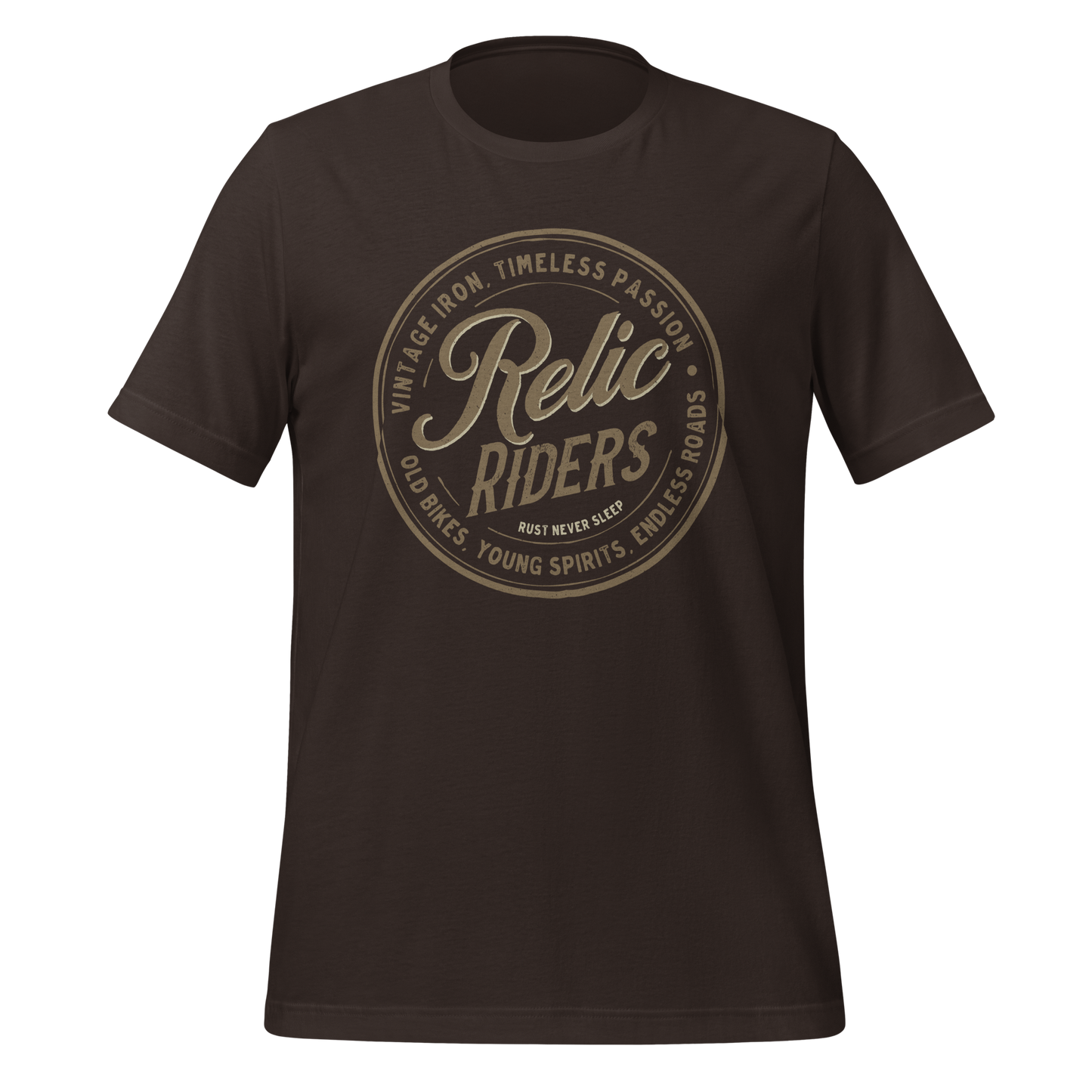 Relic Riders motorcycle t-shirt with vintage design and timeless passion slogan for bikers and motorcycle apparel enthusiasts.