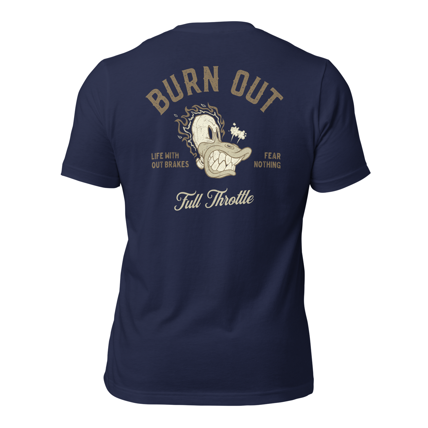 Burn Out Motorcycle t-shirt with 'Life Without Brakes, Fear Nothing' design and bold graphic on navy fabric.