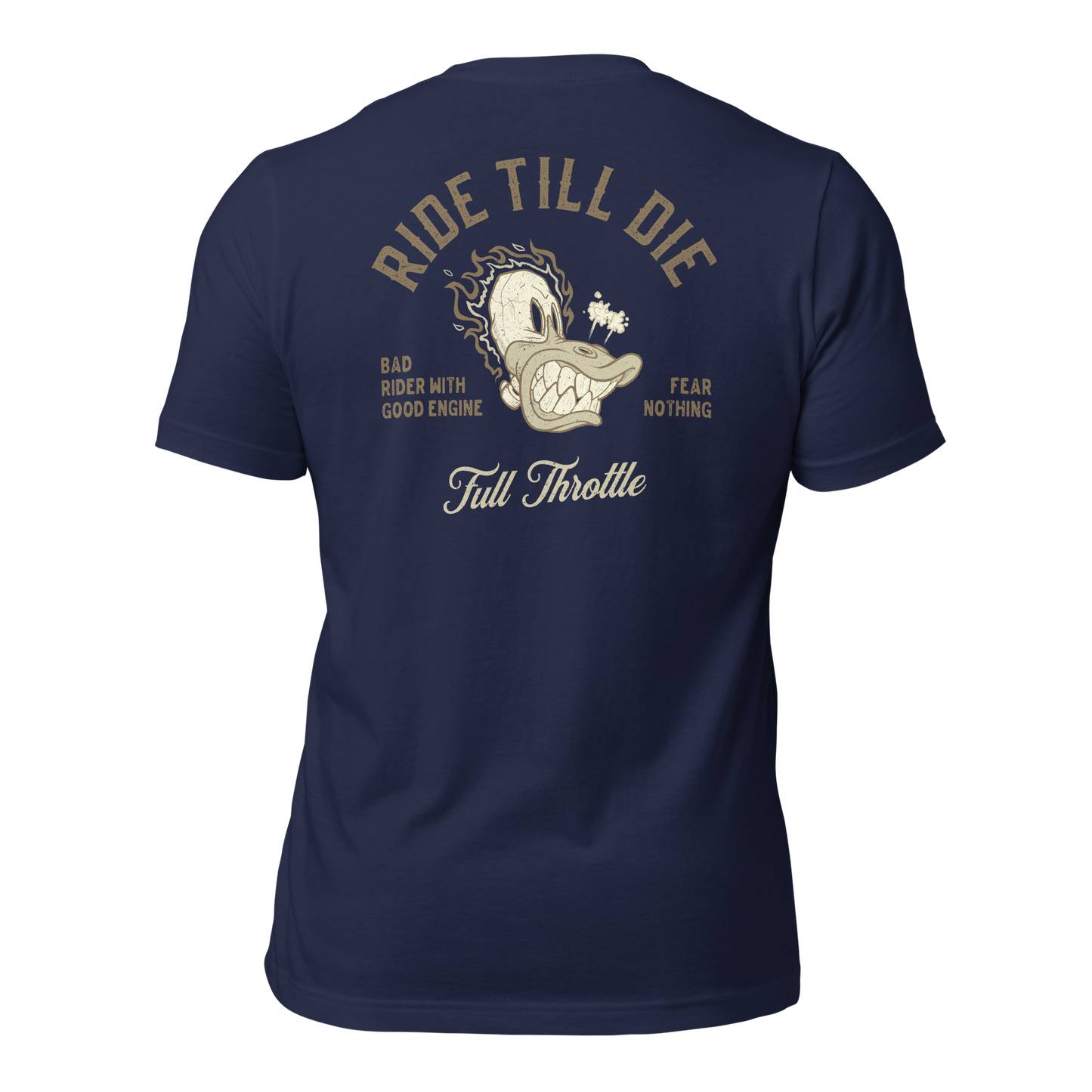 navy Ride Till Die t-shirt with custom skull graphic, ideal for motorcycle fans