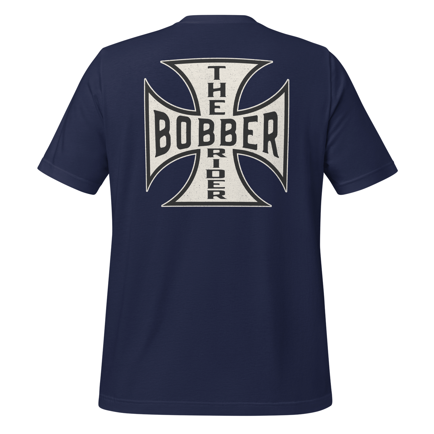 Back view of Bobber Rider t-shirt featuring Maltese Cross design, perfect for motorcycle enthusiasts.