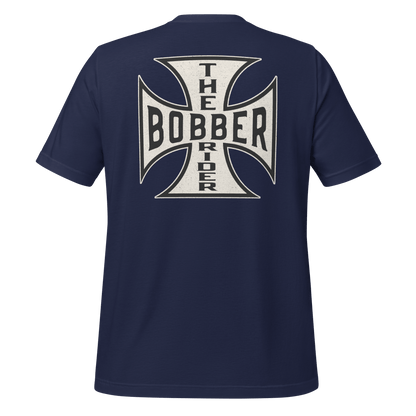 Back view of Bobber Rider t-shirt featuring Maltese Cross design, perfect for motorcycle enthusiasts.