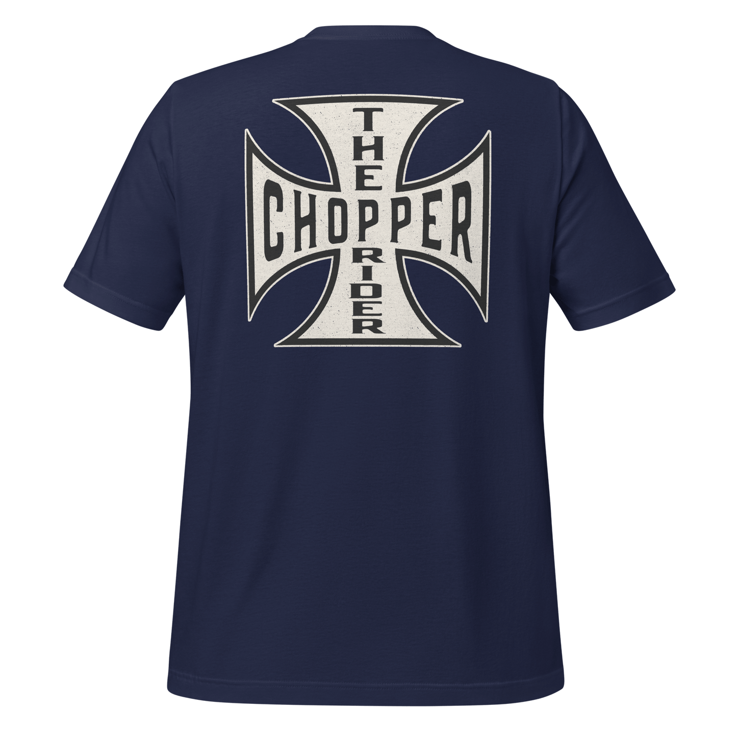 Back view of navy Chopper Motorcycle T-shirt featuring iconic Maltese Cross design for riders.