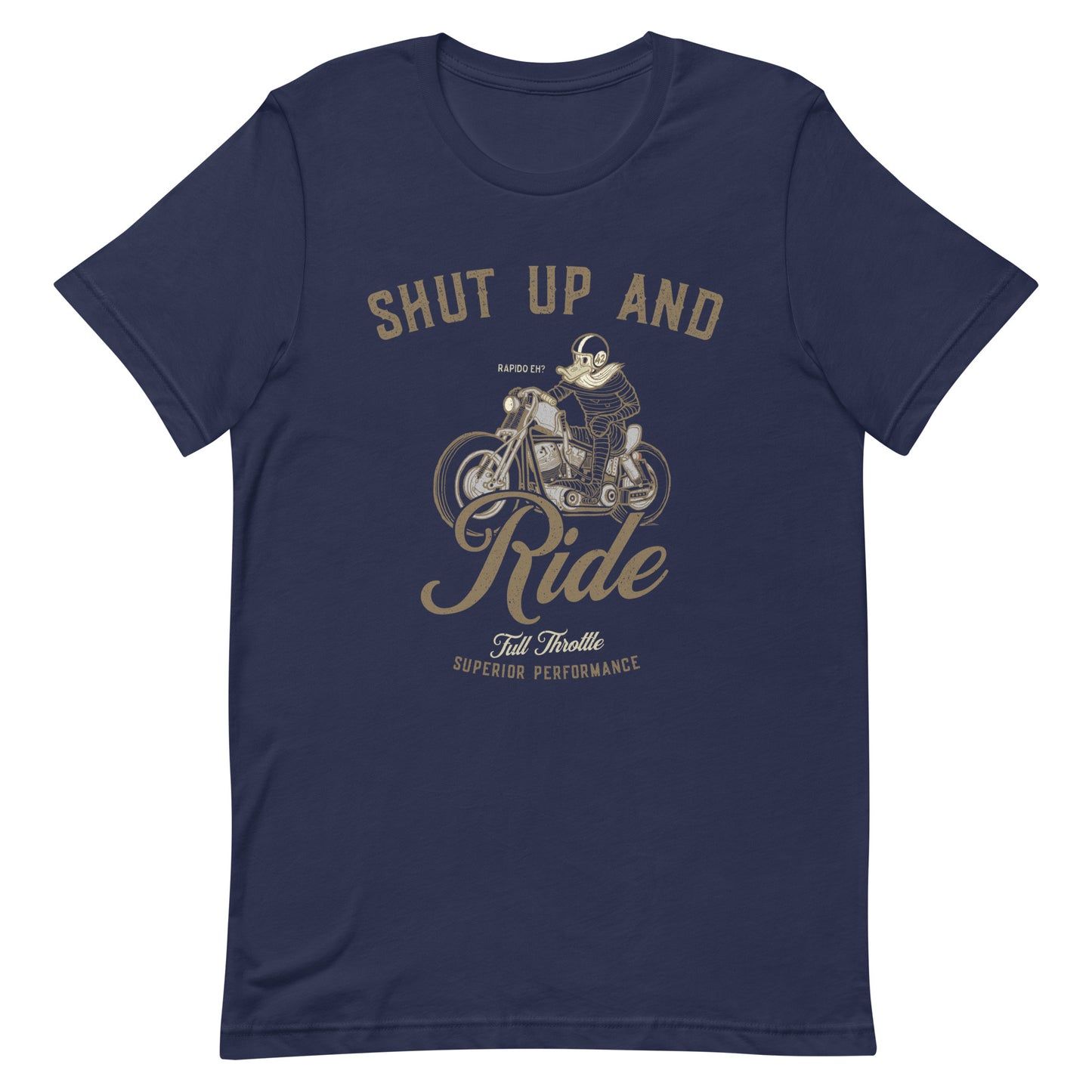 "Shut Up And Ride Motorcycle T-shirt featuring vintage bike design, ideal for biker gifts and moto enthusiasts."