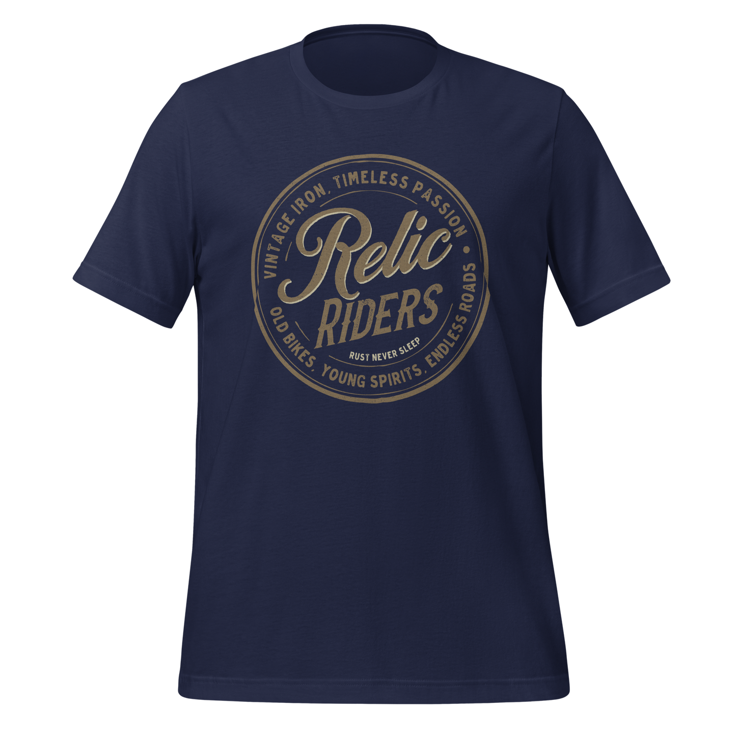 Relic Riders Motorcycle T-shirt featuring vintage iron and timeless passion design on a navy blue background.