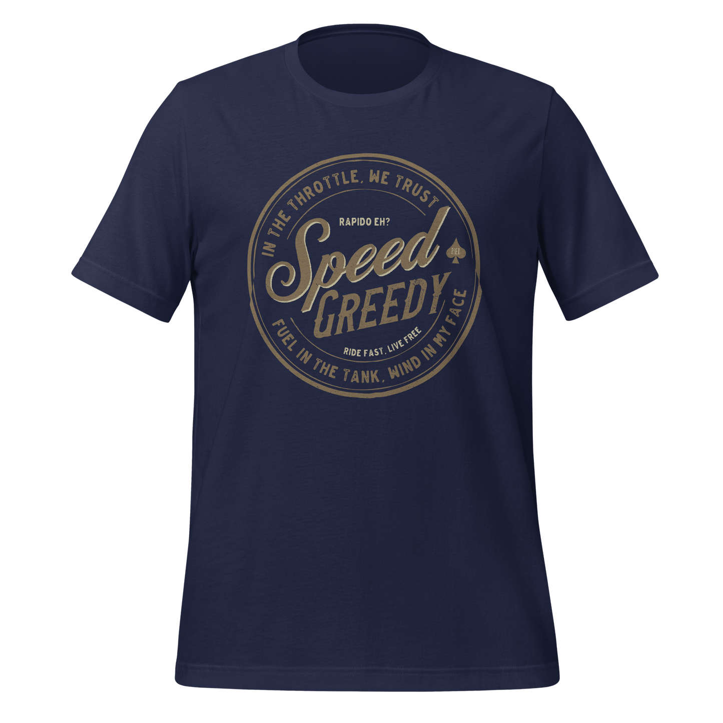 Speed Greedy Motorcycle T-shirt in navy blue with vintage biker design for motorbike enthusiasts.