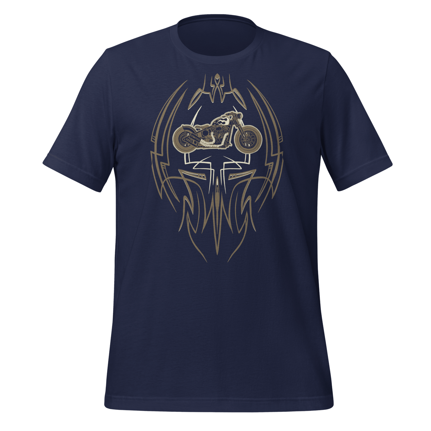 Navy Pinstripe Bobber Motorcycle T-shirt with vintage bike and hot rod pinstripe design for classic motorcycle enthusiasts