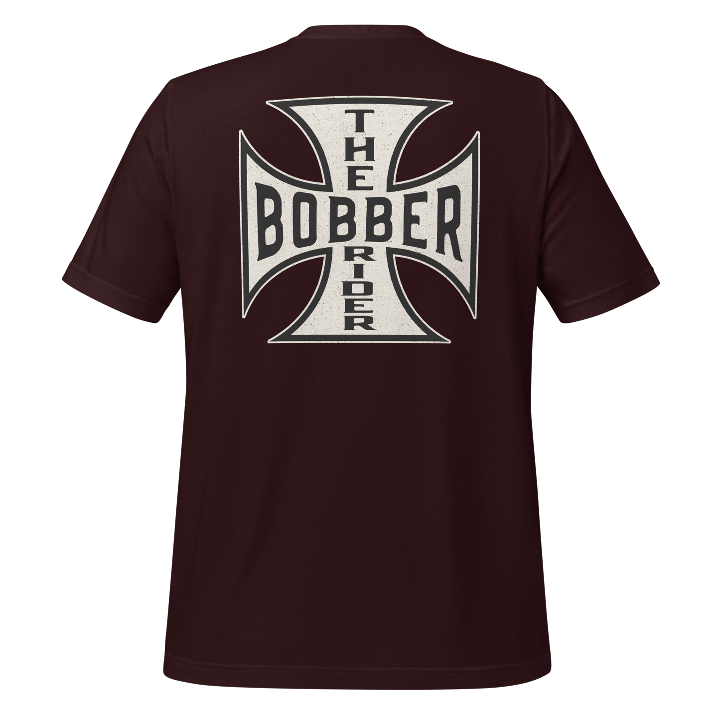 Bobber Rider t-shirt featuring bold Maltese Cross design on back, perfect for motorcycle enthusiasts and bikers.