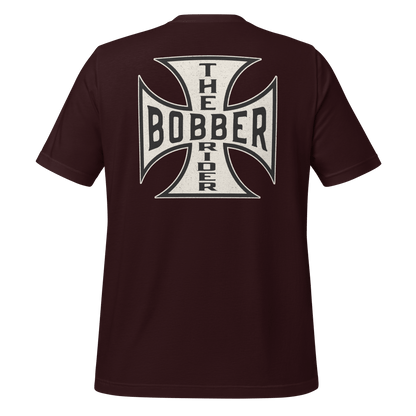 Bobber Rider t-shirt featuring bold Maltese Cross design on back, perfect for motorcycle enthusiasts and bikers.