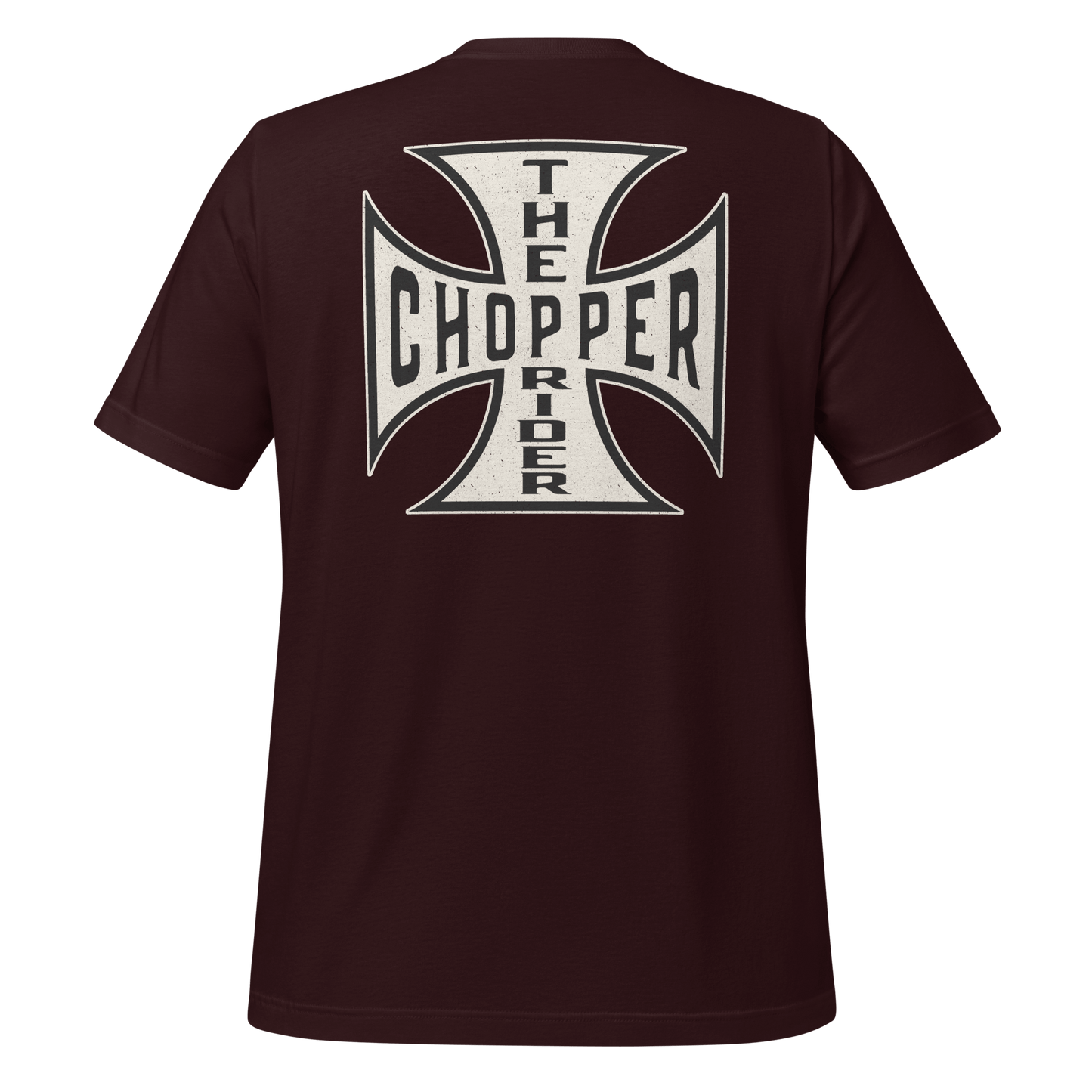 Back view of Chopper Motorcycle T-shirt featuring bold Maltese Cross design for bikers.