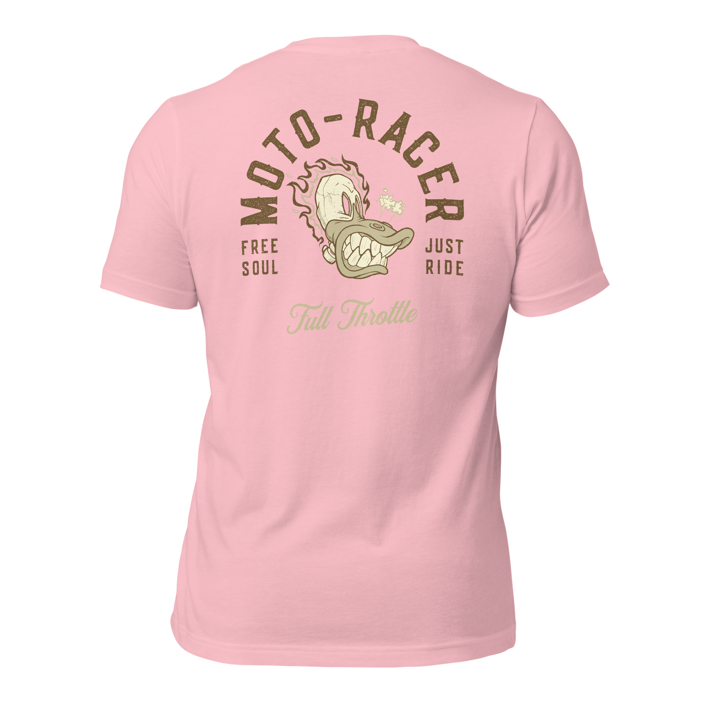 Pink Moto Racer t-shirt with "Free Soul" and "Just Ride" graphic design on the back, ideal for motorcycle enthusiasts.