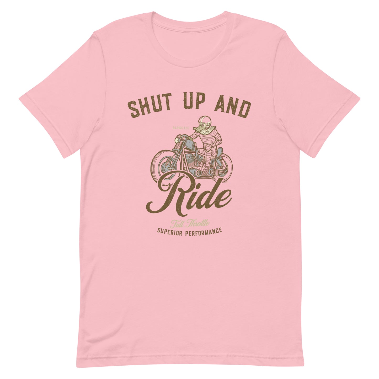 Pink "Shut Up And Ride" motorcycle t-shirt featuring a bold biker design, perfect for motorcycle enthusiasts and unique moto gifts.