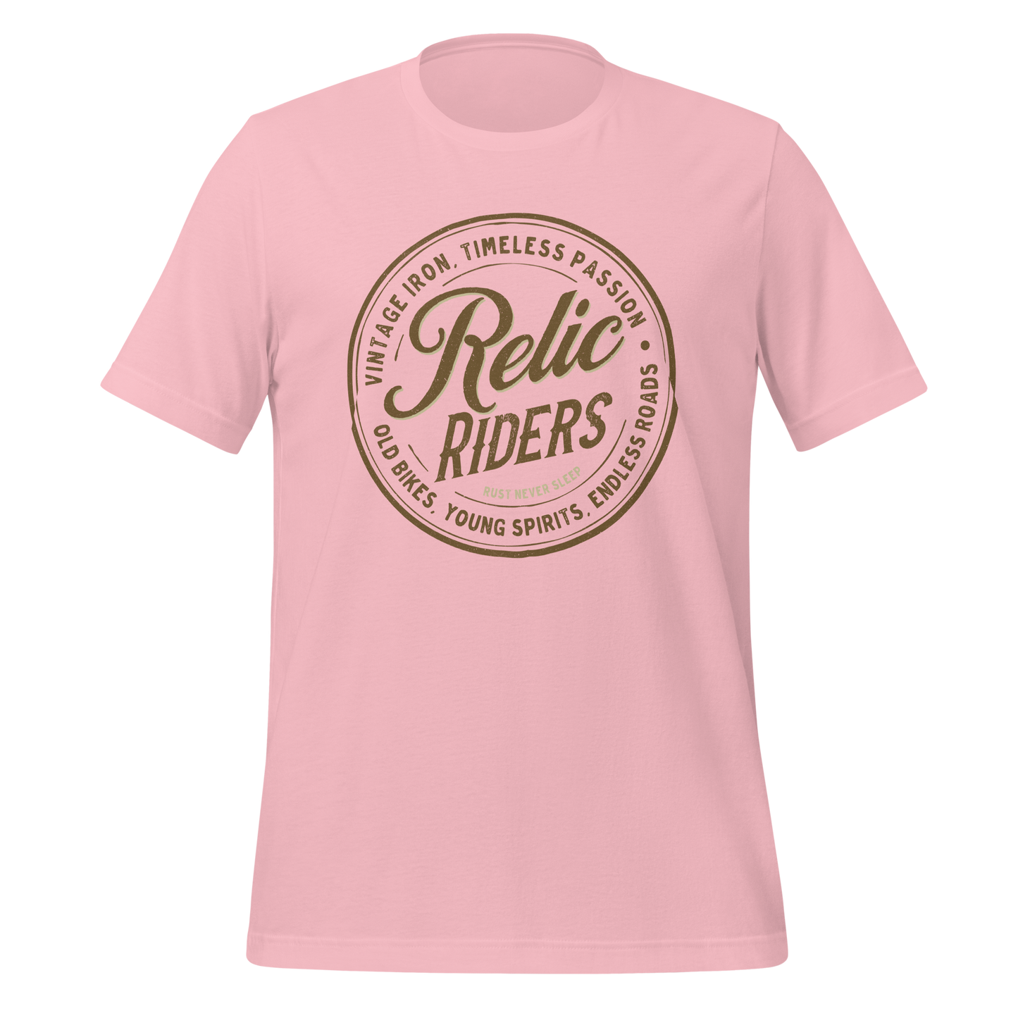 Pink Relic Riders Motorcycle T-shirt with vintage biker design and timeless passion logo, perfect for journey bikers and motorcycle enthusiasts.