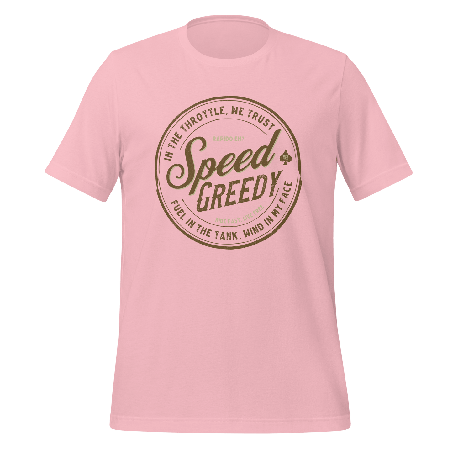 Pink Speed Greedy Motorcycle T-Shirt with Logo for Bikers and Enthusiasts