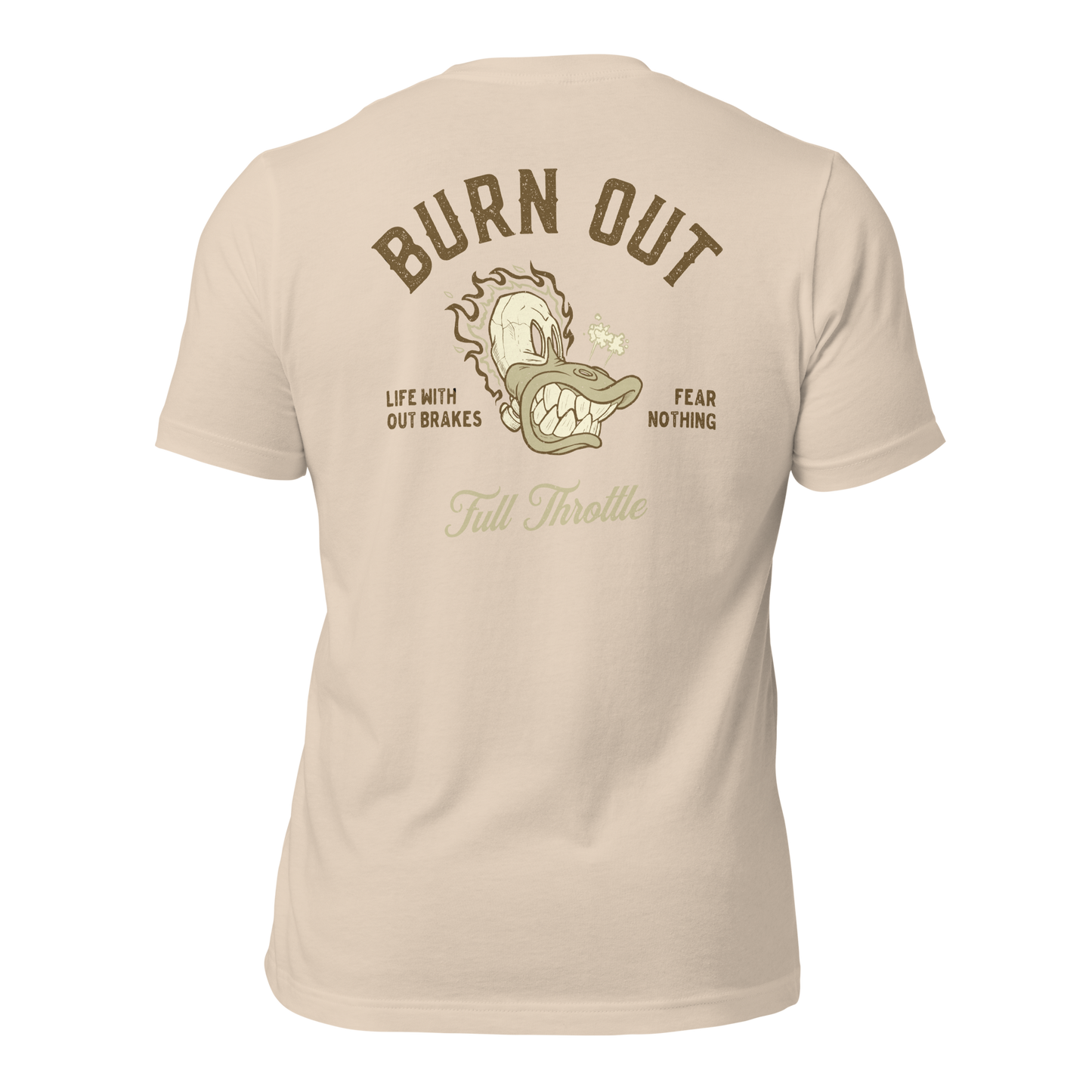 Burn Out Motorcycle t-shirt with bold design, featuring "Life Without Brakes" slogan and cartoon graphic on the back.