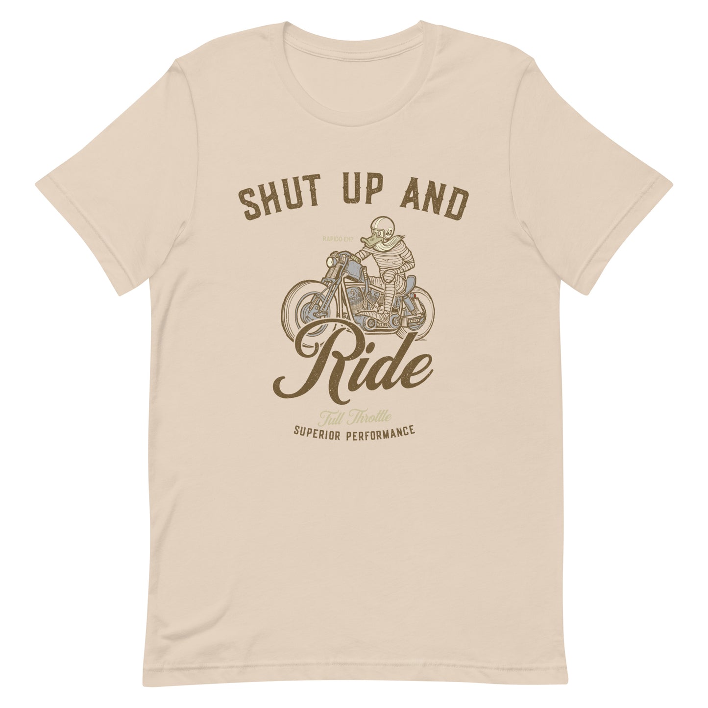 "Shut Up And Ride Motorcycle T-shirt featuring vintage biker design, ideal for motorcycle enthusiasts and unique gifts."