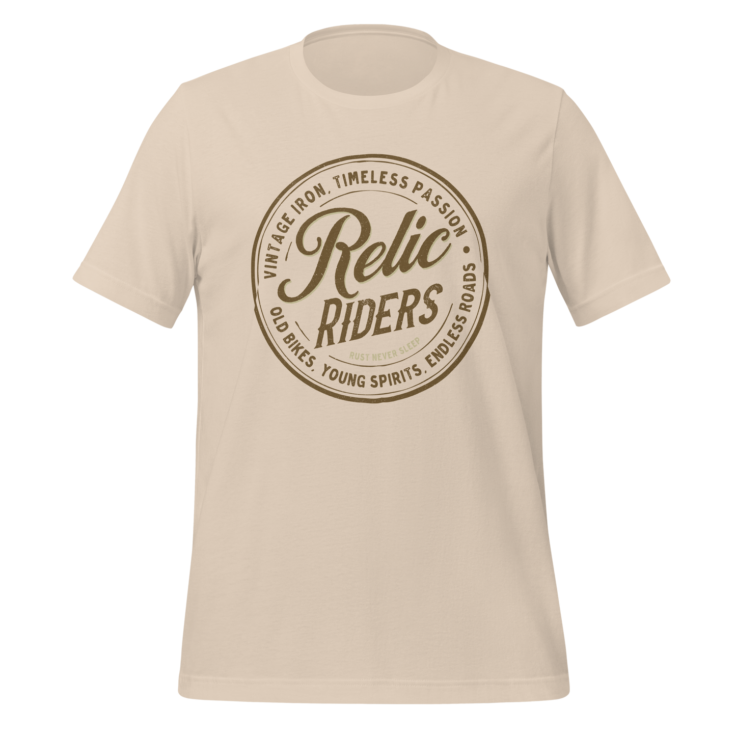 Relic Riders Motorcycle T-shirt with vintage-inspired logo representing timeless passion and the spirit of motorcycle journeys.