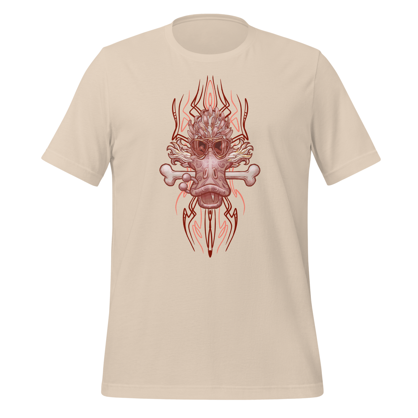 Beige t-shirt featuring a red hot rod pinstripe design with a stylized duck and bone motif, perfect for motorcycle and street rod enthusiasts.