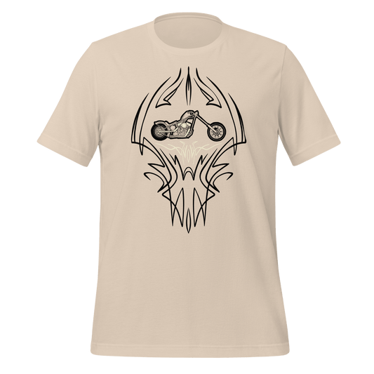 Beige t-shirt with bold classic hot rod pinstripe design featuring a chopper motorcycle graphic.