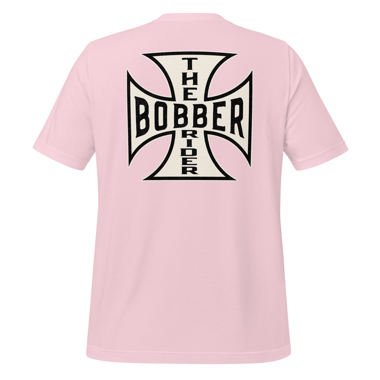 Pink Bobber Rider t-shirt featuring a bold Maltese Cross design on the back for motorcycle enthusiasts.