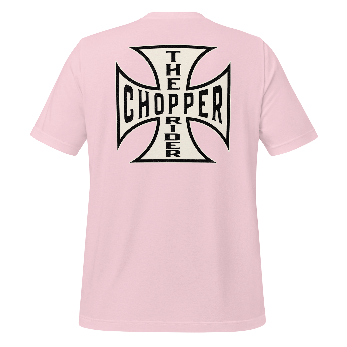 Chopper Motorcycle T-shirt with bold Maltese Cross design on pink fabric, perfect for motorbike enthusiasts.