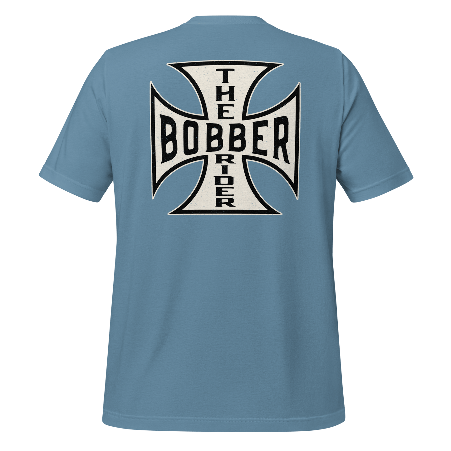 Bobber Rider t-shirt featuring Maltese Cross design on the back, perfect for motorcycle enthusiasts.