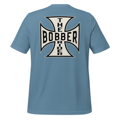 Bobber Rider t-shirt featuring Maltese Cross design on the back, perfect for motorcycle enthusiasts.