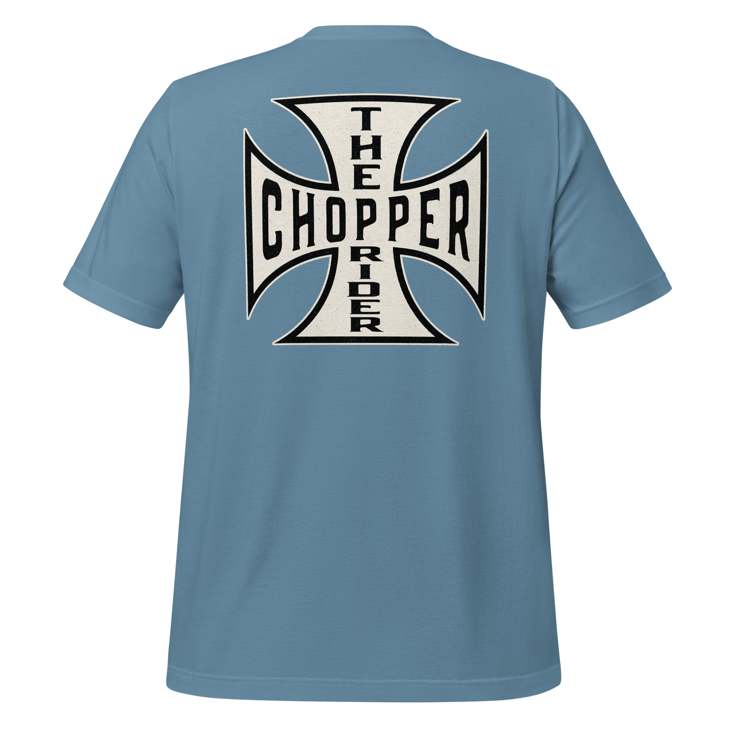 Back view of Chopper Motorcycle T-shirt with Maltese Cross design, featuring bold lettering and iconography.